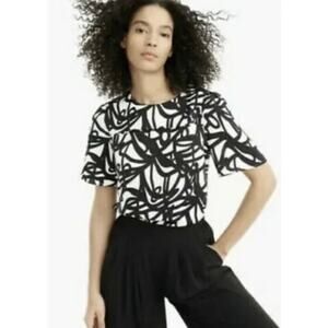 J.‎ Crew 365 Plus Short Sleeve Popover Black/Ivory Hammered Satin Blouse Size 14